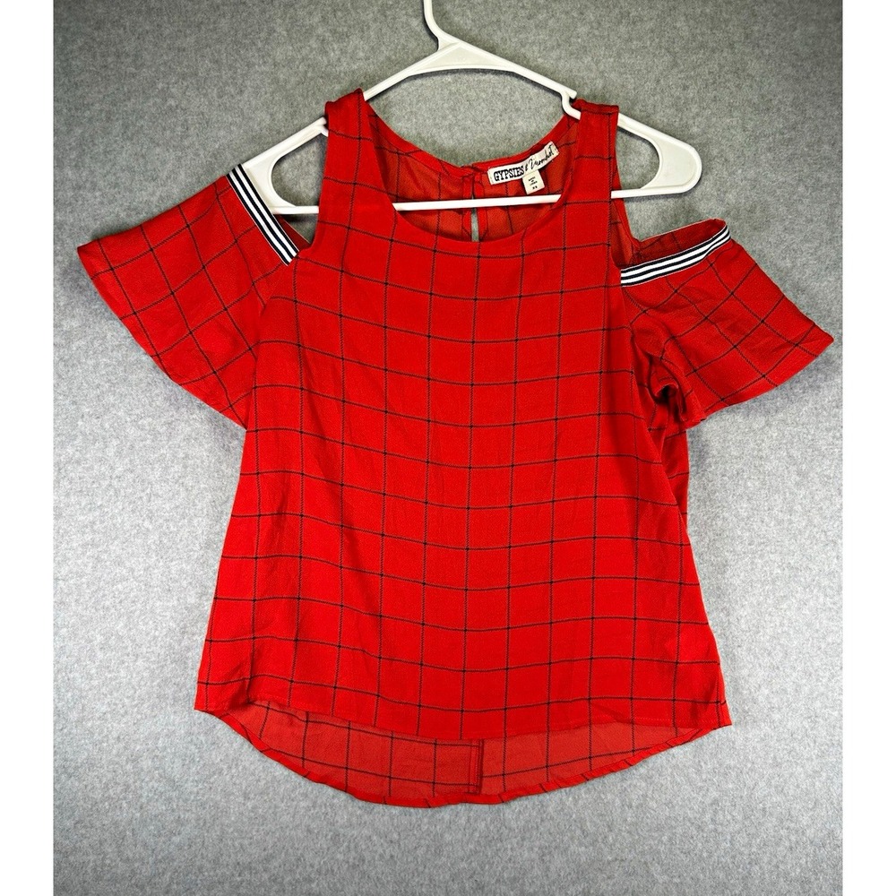 Gypsies & Moondust Womens Cold Shoulder Top Red Plaid Grid Blouse Stripe Trim XS